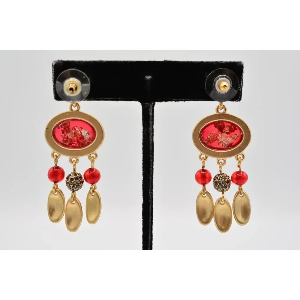 Statement Cabochon Dangle Earrings Red Lucite Brushed Gold Black Rhinestone 9L